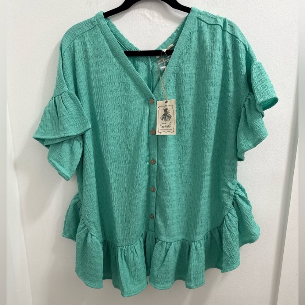 Easel Atlantis Green Ruffle Sleeve Button Down Top